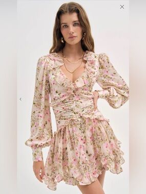 NWT For Love & Lemons Jayleen Pink Floral Ruffle Long Sleeve Mini Dress